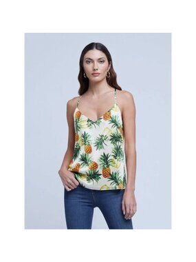 L'AGENCE Kylee Racer Pineapple Silk Tank Top White Multi Size Medium NWT